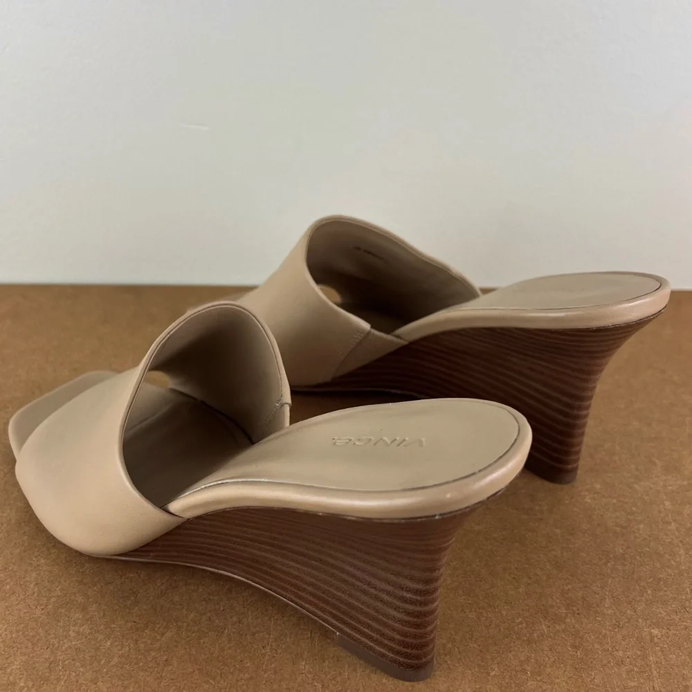 NEW VINCE BEIGE LEATHER WEDGE SANDALS - Picture 6 of 12